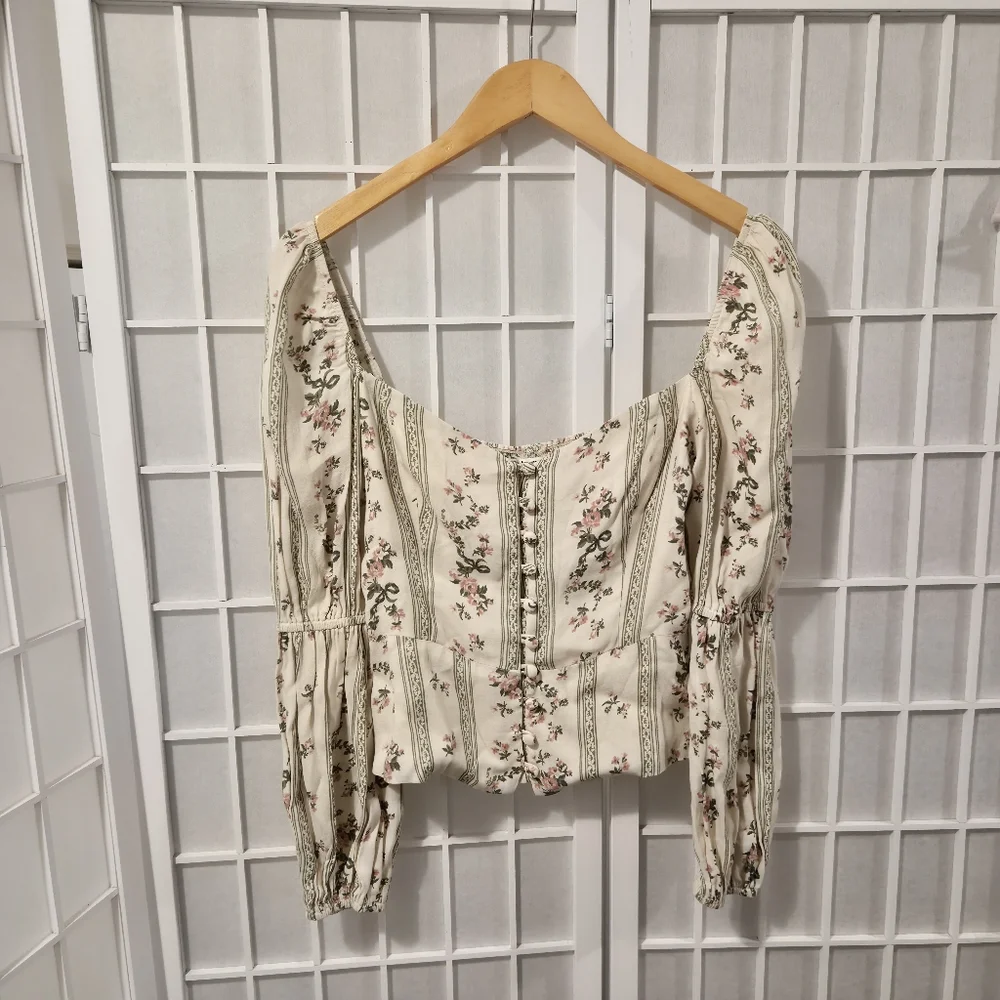 Reformation Floral Cream Green Blouse Top Sz 4 - Picture 2 of 12
